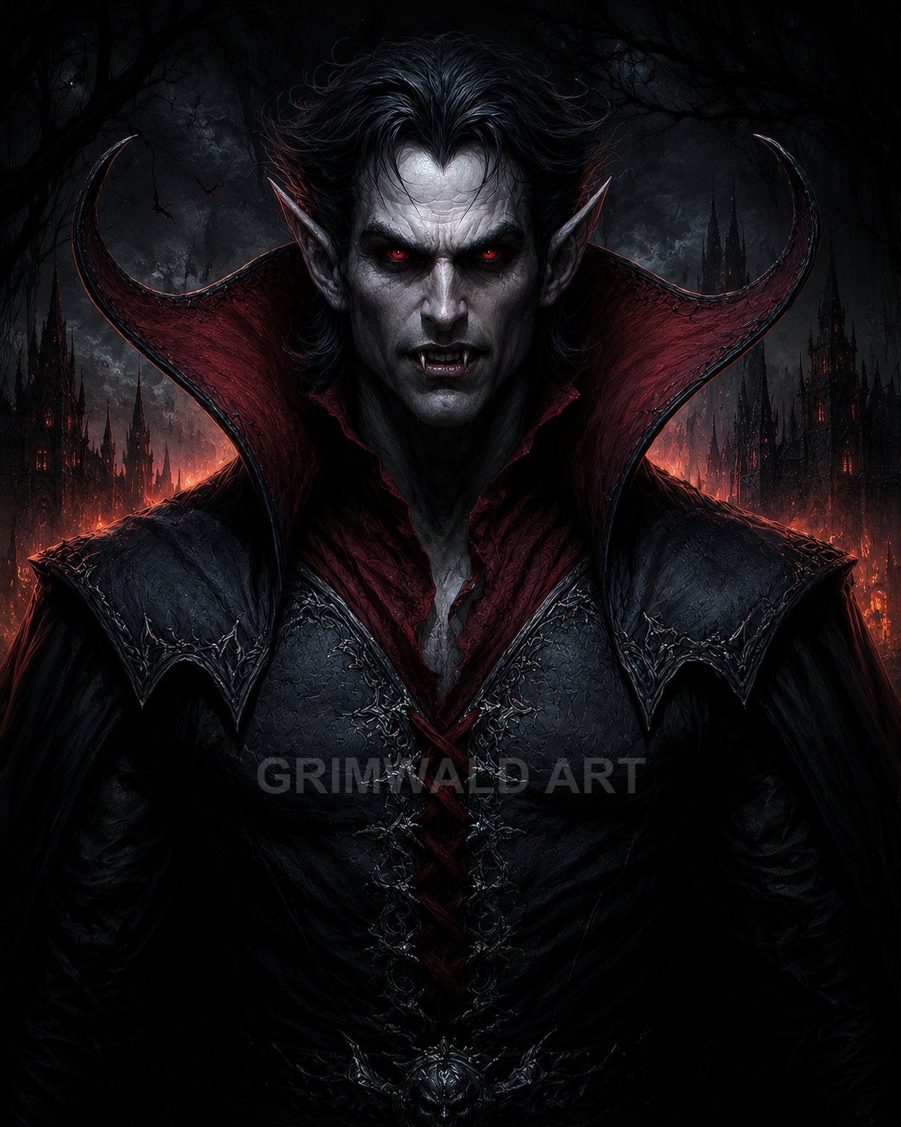 A fierce vampire with glowing red eyes and fangs stands in ornate black armour and a scarlet collar before burning gothic spires at night.