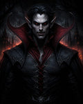 GRID THUMBNAIL — A fierce vampire with glowing red eyes and fangs stands in ornate black armour and a scarlet collar before burning gothic spires at night.