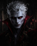 GRID THUMBNAIL — Close-up of a pale vampire with white hair, glowing red eyes, and fangs, wearing an ornate crimson collar in a candlelit gothic cathedral.