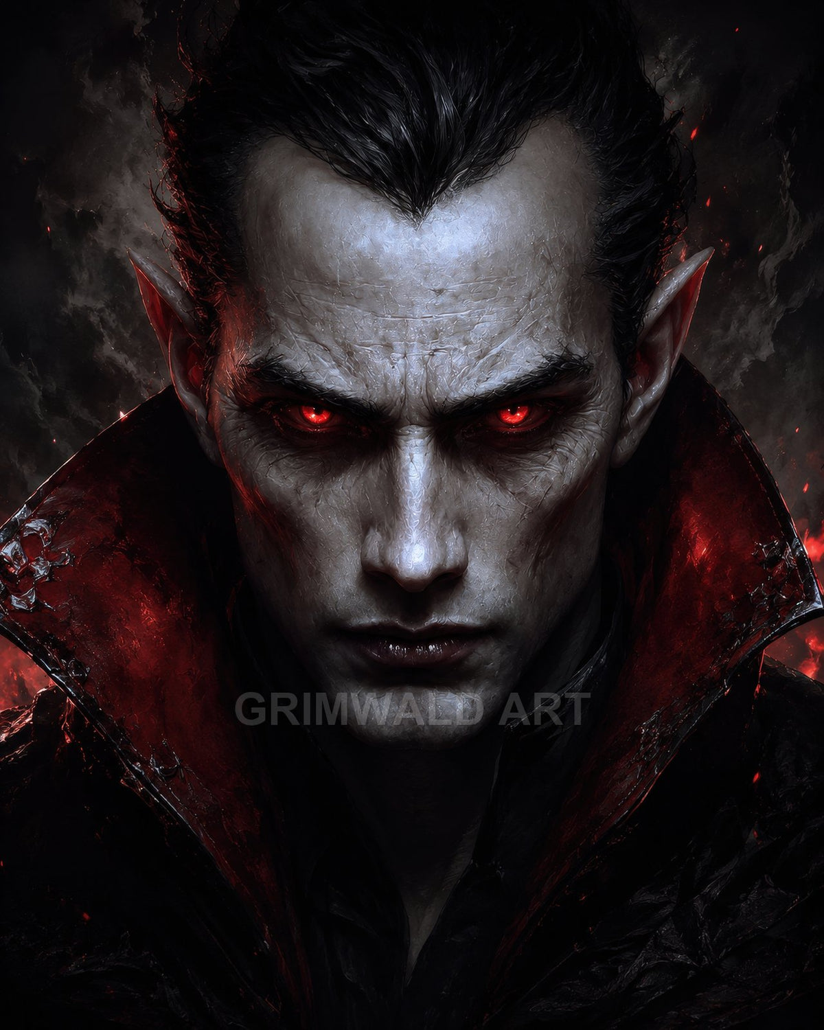 Close-up portrait of a pale male vampire with pointed ears, glowing red eyes, and a high-collared black and crimson cloak, against smoky darkness.