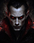 GRID THUMBNAIL — Close-up portrait of a pale male vampire with pointed ears, glowing red eyes, and a high-collared black and crimson cloak, against smoky darkness.