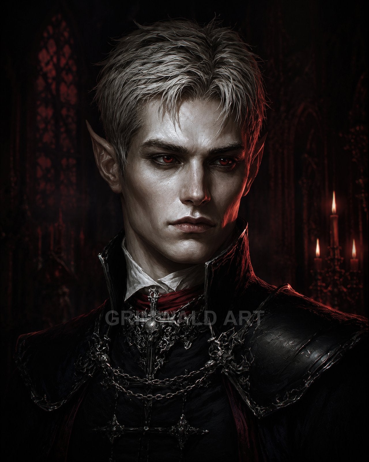 Portrait of a pale male vampire with red eyes and pointed ears, wearing gothic black armour and chains before candles in a shadowed cathedral.