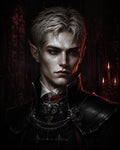 GRID THUMBNAIL — Portrait of a pale male vampire with red eyes and pointed ears, wearing gothic black armour and chains before candles in a shadowed cathedral.