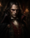 GRID THUMBNAIL — A pale vampire noble with glowing red eyes and scarred face wears ornate black and crimson garments in a candlelit interior, gazing forward grimly.