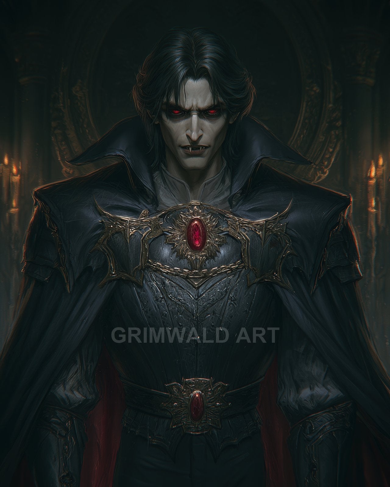 Gothic vampire with red eyes and fangs in black ornate armour and cloak, ruby amulet glowing, candlelit castle interior behind.