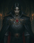 GRID THUMBNAIL — Gothic vampire with red eyes and fangs in black ornate armour and cloak, ruby amulet glowing, candlelit castle interior behind.