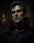 GRID THUMBNAIL — Portrait of a male vampire with glowing red eyes, high-collared cloak, ornate ruby pendant, in a dark candlelit gothic interior.