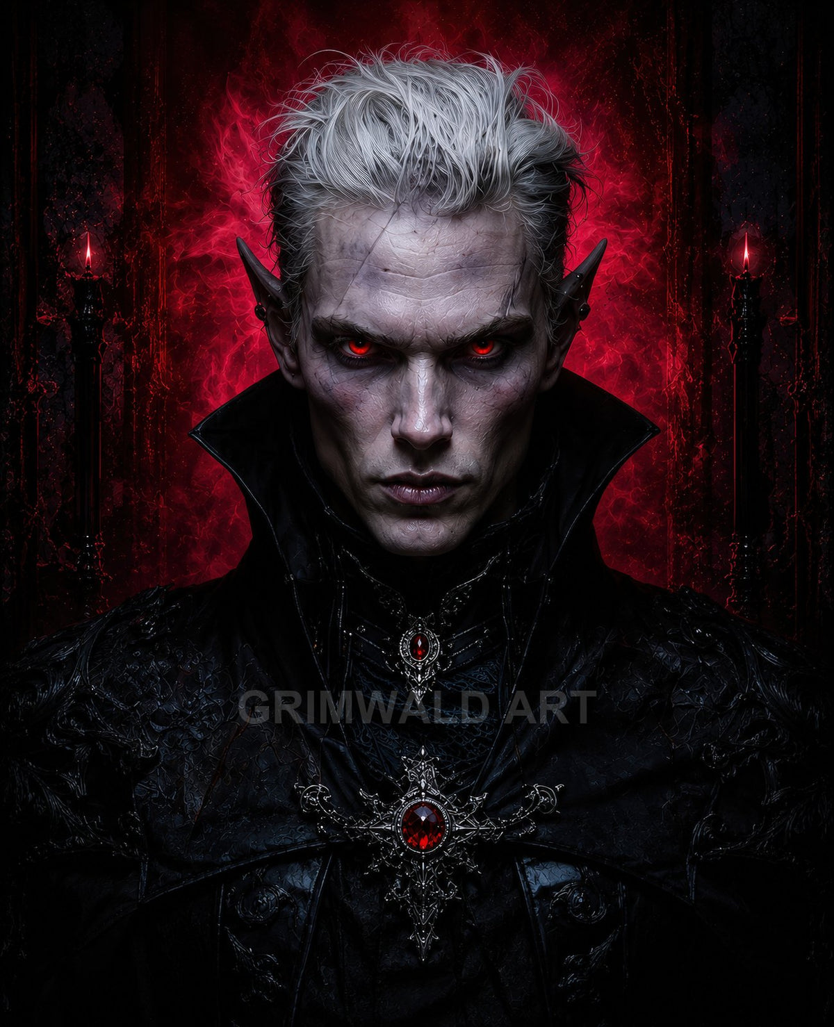 Gothic close-up portrait of a pale, red-eyed vampire with pointed ears, black ornate cloak and ruby amulet, against a fiery crimson backdrop.