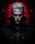 GRID THUMBNAIL — Gothic close-up portrait of a pale, red-eyed vampire with pointed ears, black ornate cloak and ruby amulet, against a fiery crimson backdrop.