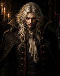 GRID THUMBNAIL — Pale, long-haired vampire in an ornate black coat and lace cravat stands in a dim gothic interior, red eyes glowing beside candlelit candelabras.