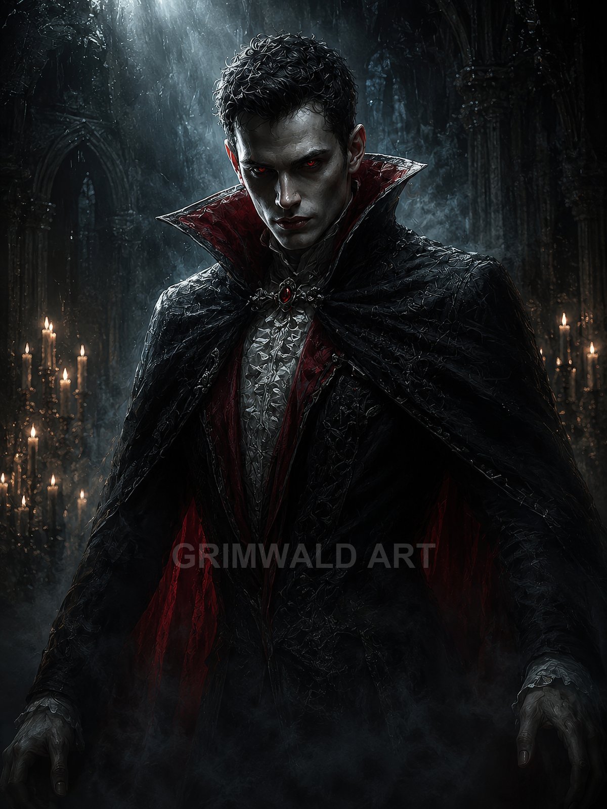 A pale male vampire with red eyes and a red-lined cloak stands in a gothic cathedral, moonlight and candles highlighting drifting mist.