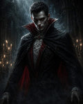 GRID THUMBNAIL — A pale male vampire with red eyes and a red-lined cloak stands in a gothic cathedral, moonlight and candles highlighting drifting mist.