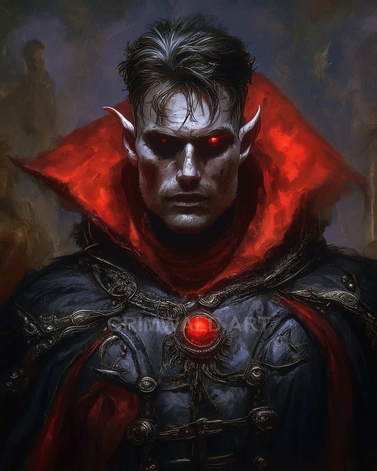 Pale, red-eyed vampire with pointed ears and high crimson collar, wearing dark ornate armour and a glowing red amulet against a shadowy backdrop