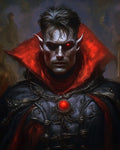 GRID THUMBNAIL — Pale, red-eyed vampire with pointed ears and high crimson collar, wearing dark ornate armour and a glowing red amulet against a shadowy backdrop