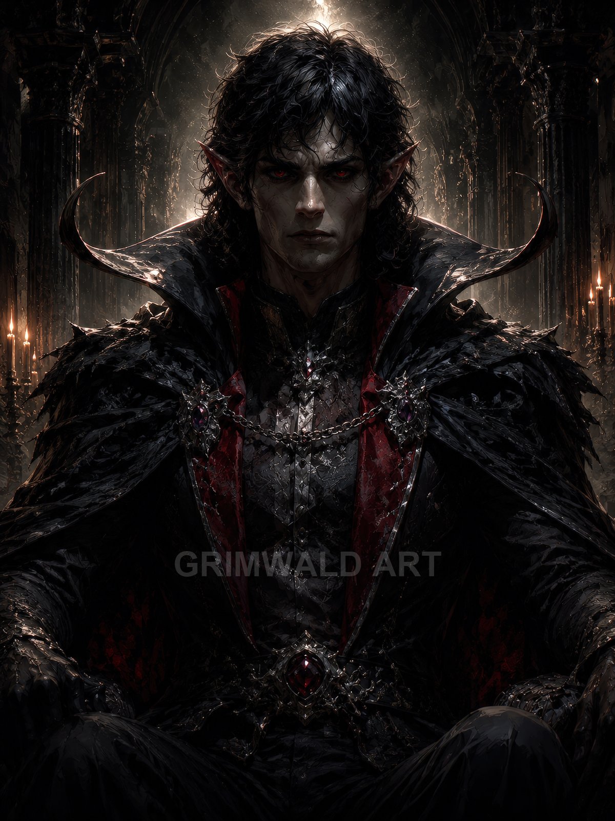 Brooding male vampire with crimson eyes and pointed ears sits on a gothic throne, wearing black baroque armour and crimson-lined cloak in a candlelit cathedral.