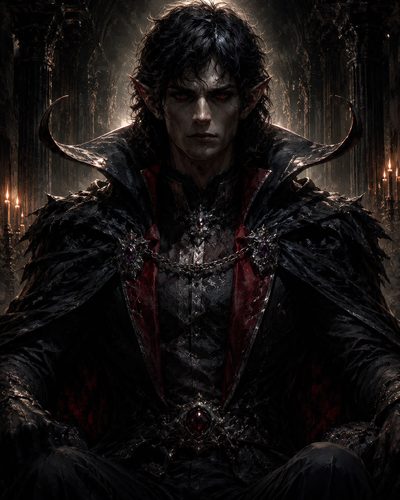 GRID THUMBNAIL — Brooding male vampire with crimson eyes and pointed ears sits on a gothic throne, wearing black baroque armour and crimson-lined cloak in a candlelit cathedral.