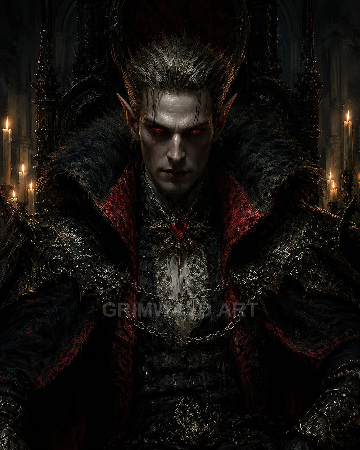 A pale vampire lord with glowing red eyes sits on a gothic throne, ornate black armour and fur cloak lit by flickering candles.