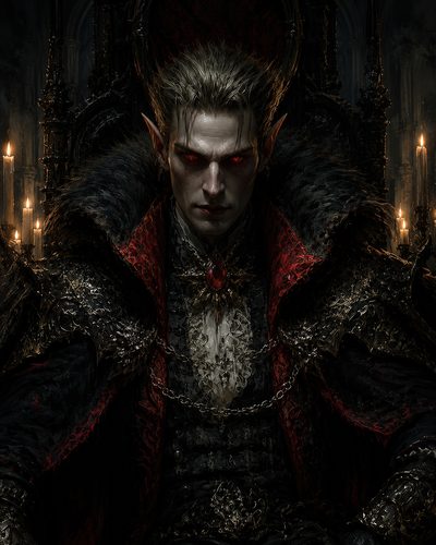 GRID THUMBNAIL — A pale vampire lord with glowing red eyes sits on a gothic throne, ornate black armour and fur cloak lit by flickering candles.