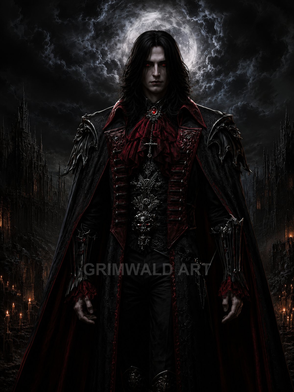 A pale, red-eyed vampire in ornate black and crimson attire stands before a full moon, framed by gothic spires and candlelit darkness.