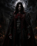 GRID THUMBNAIL — A pale, red-eyed vampire in ornate black and crimson attire stands before a full moon, framed by gothic spires and candlelit darkness.