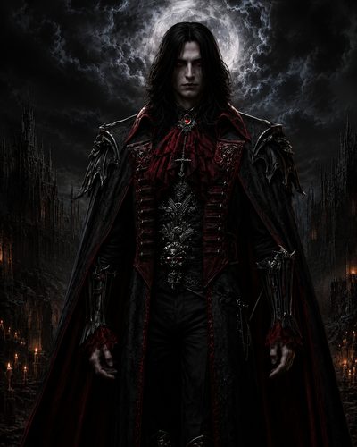 GRID THUMBNAIL — A pale, red-eyed vampire in ornate black and crimson attire stands before a full moon, framed by gothic spires and candlelit darkness.