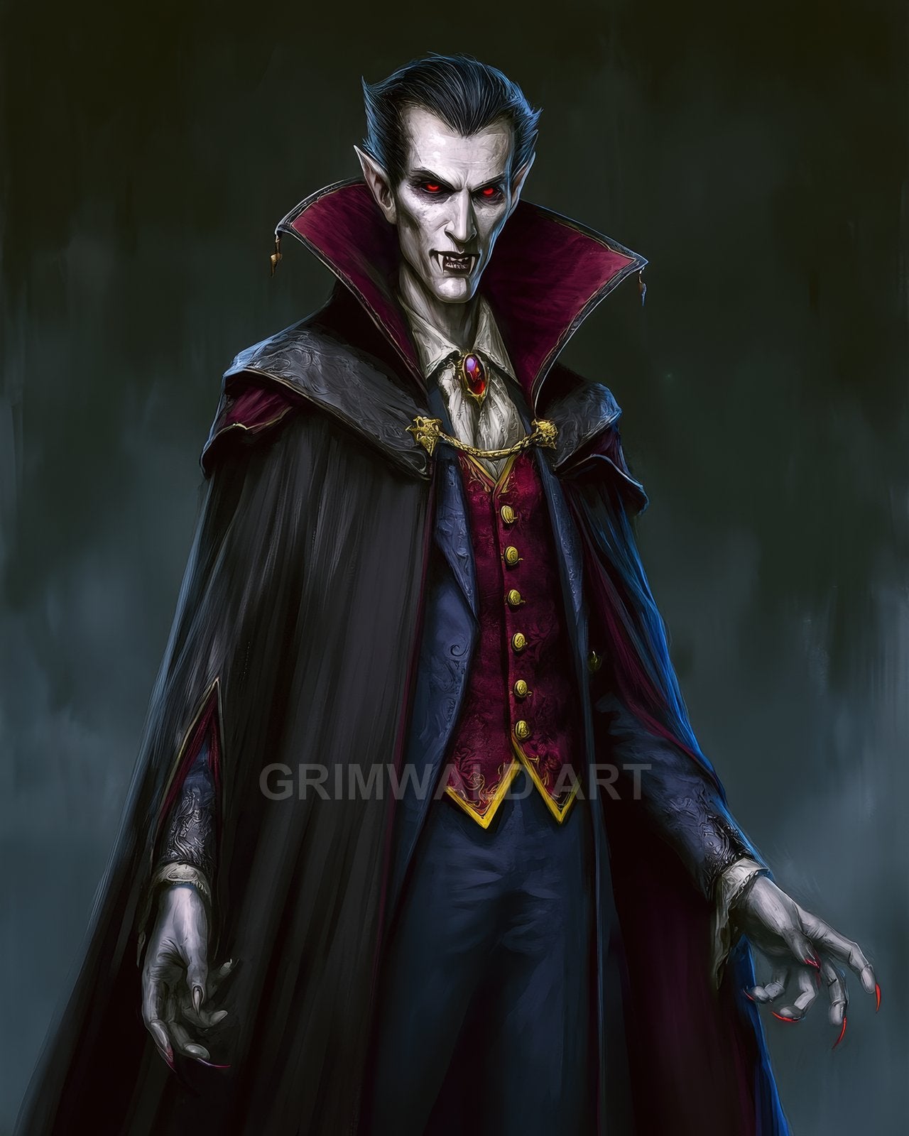 Pale, red-eyed vampire in an ornate suit and high-collared cape, baring fangs and claws against a dark, misty background.