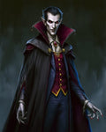 GRID THUMBNAIL — Pale, red-eyed vampire in an ornate suit and high-collared cape, baring fangs and claws against a dark, misty background.