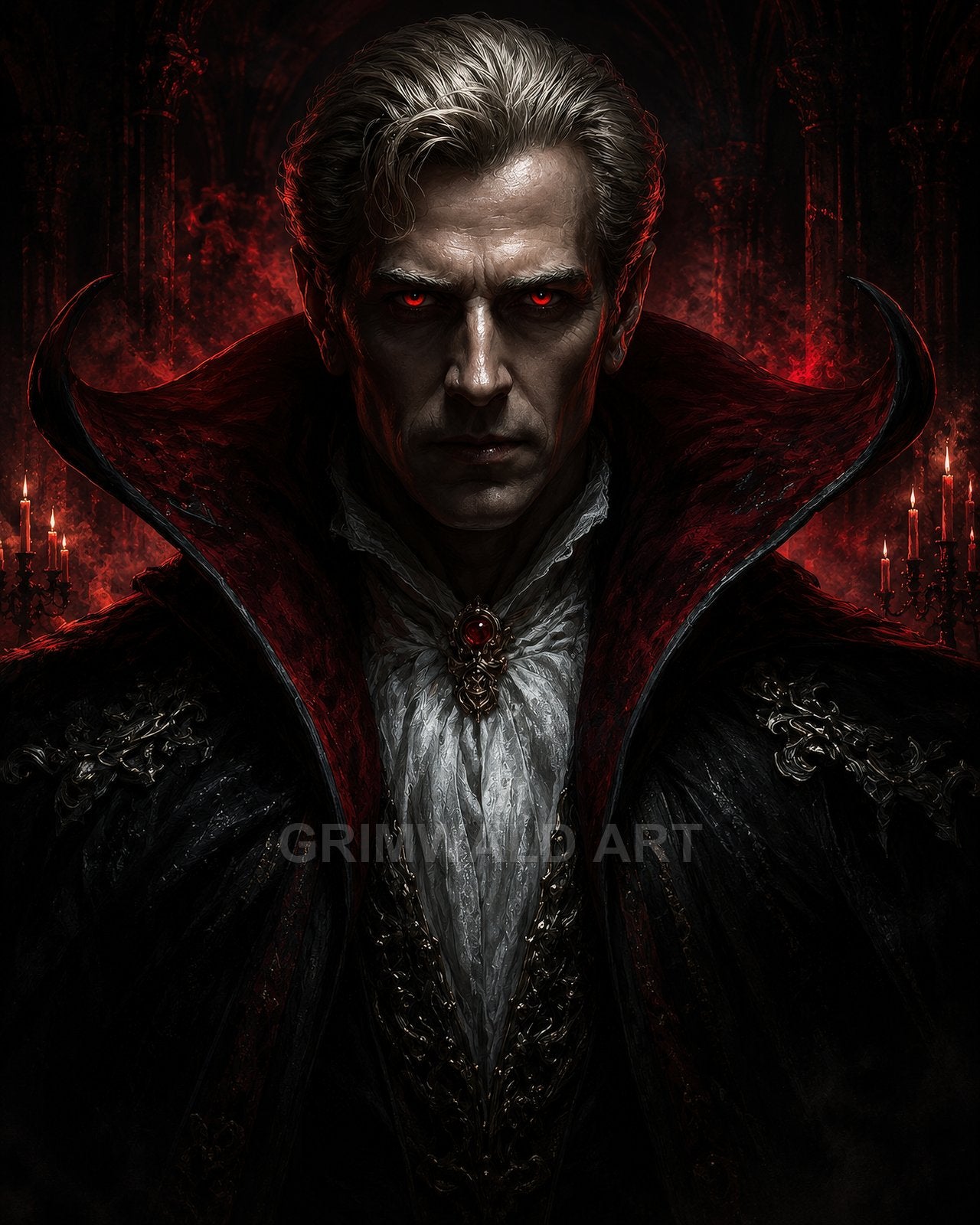 Dark portrait of a male vampire with glowing red eyes, high collar, and ornate attire, framed by candlelit gothic arches.