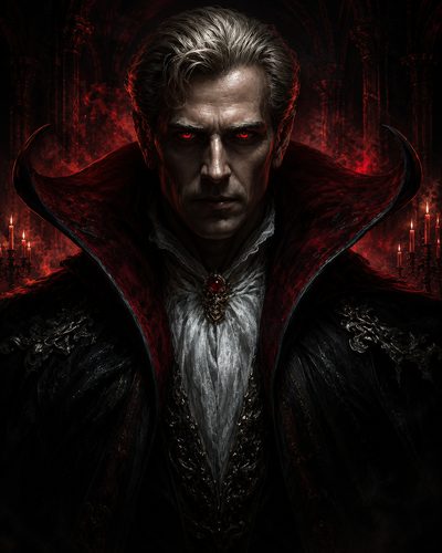 GRID THUMBNAIL — Dark portrait of a male vampire with glowing red eyes, high collar, and ornate attire, framed by candlelit gothic arches.