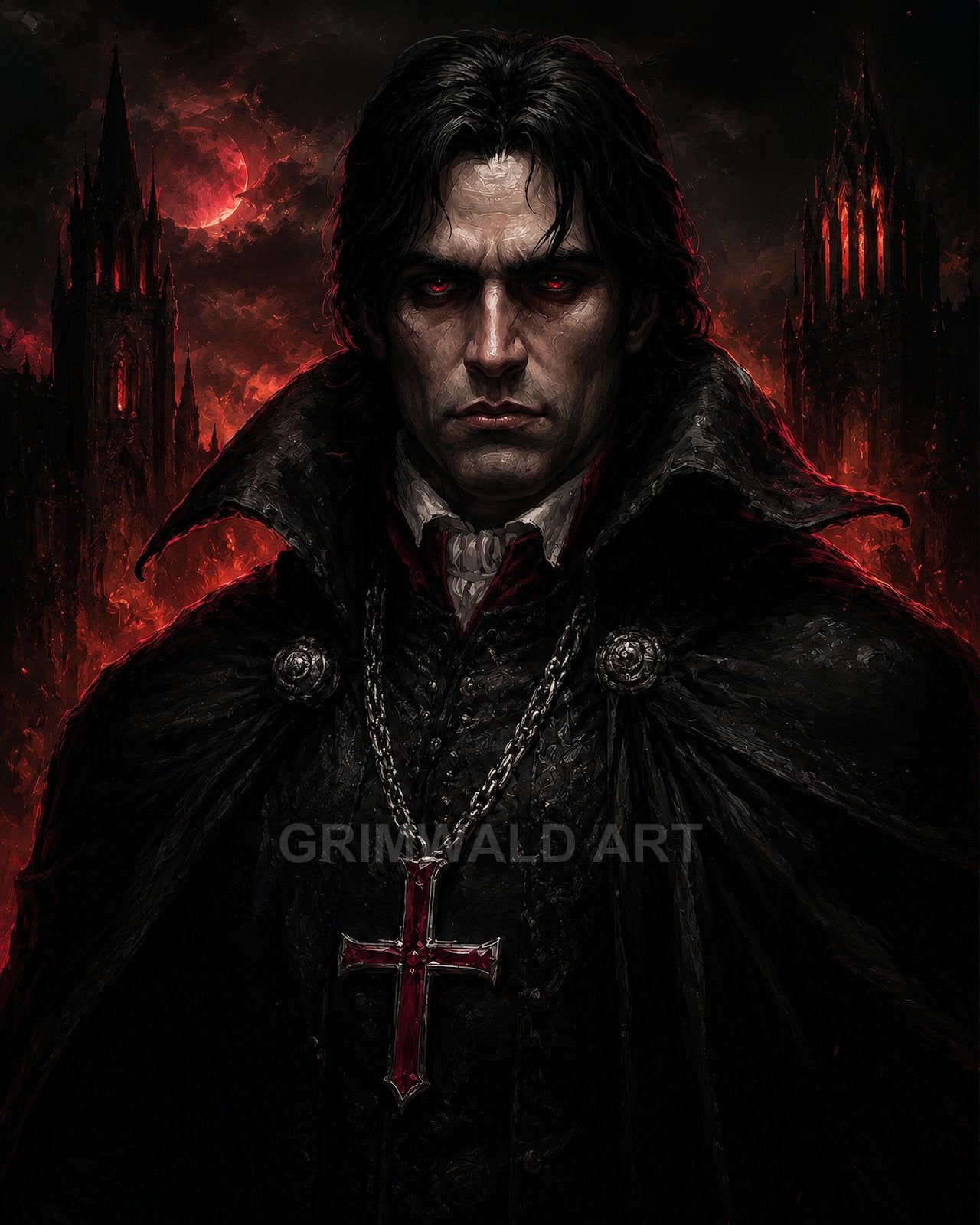 Portrait of a male vampire with red eyes, black cloak and crimson cross pendant, standing before burning gothic cathedrals and a blood-red moon.