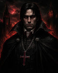 GRID THUMBNAIL — Portrait of a male vampire with red eyes, black cloak and crimson cross pendant, standing before burning gothic cathedrals and a blood-red moon.