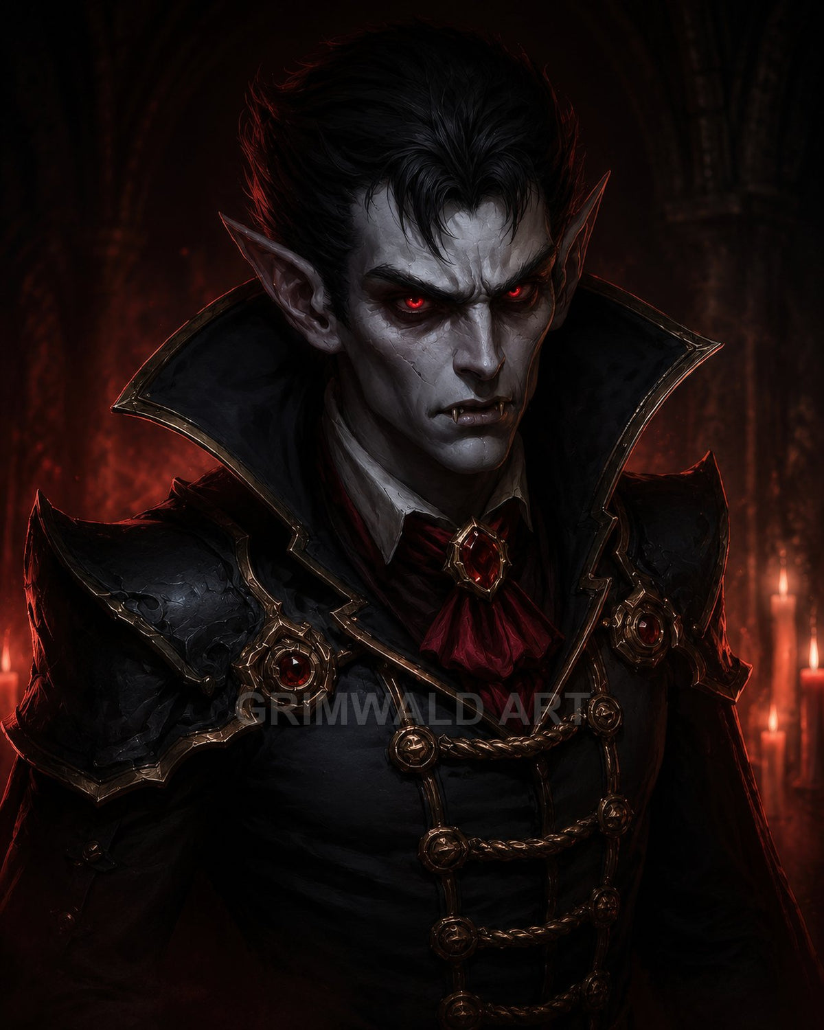A pale, red-eyed vampire aristocrat in ornate black armour with gold trim, fangs showing, before candlelit gothic arches in a shadowed castle interior.