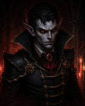 GRID THUMBNAIL — A pale, red-eyed vampire aristocrat in ornate black armour with gold trim, fangs showing, before candlelit gothic arches in a shadowed castle interior.