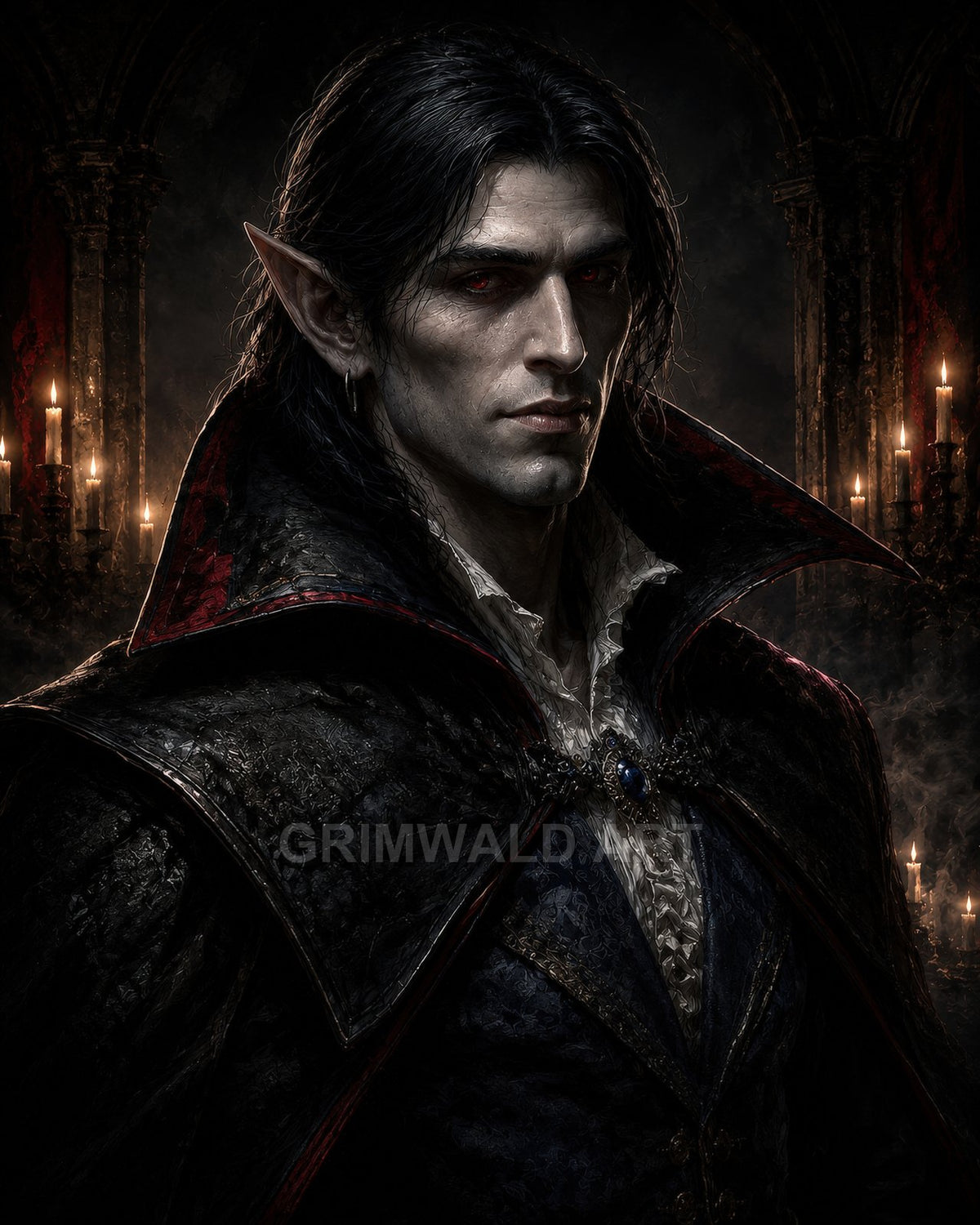 Pale male vampire with crimson eyes and pointed ears in ornate high-collared cloak, standing before candlelit gothic arches in a dark interior.