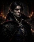 GRID THUMBNAIL — Pale male vampire with crimson eyes and pointed ears in ornate high-collared cloak, standing before candlelit gothic arches in a dark interior.
