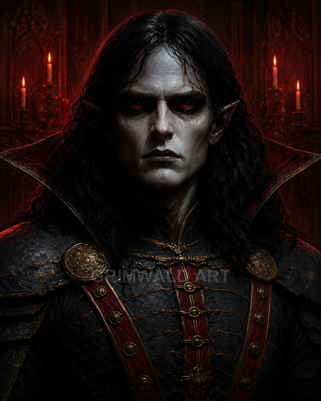 Portrait of a pale, crimson-eyed vampire in ornate black and red armour, pointed ears and long dark hair, before candlelit gothic walls.