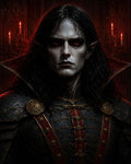 GRID THUMBNAIL — Portrait of a pale, crimson-eyed vampire in ornate black and red armour, pointed ears and long dark hair, before candlelit gothic walls.
