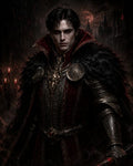 GRID THUMBNAIL — A pale, red-eyed vampire noble in ornate dark armour and fur mantle stands before a gothic castle under a blood-red moon, holding a sword.