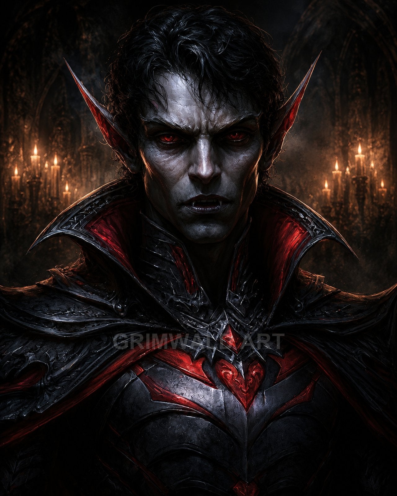 A pale, sharp-eared vampire with glowing red eyes in black and crimson gothic armour, standing before candlelit cathedral arches in a brooding, firelit scene.