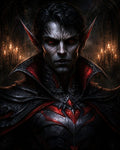 GRID THUMBNAIL — A pale, sharp-eared vampire with glowing red eyes in black and crimson gothic armour, standing before candlelit cathedral arches in a brooding, firelit scene.