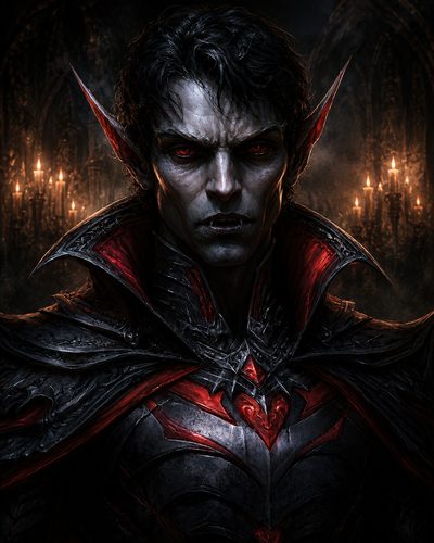 GRID THUMBNAIL — A pale, sharp-eared vampire with glowing red eyes in black and crimson gothic armour, standing before candlelit cathedral arches in a brooding, firelit scene.