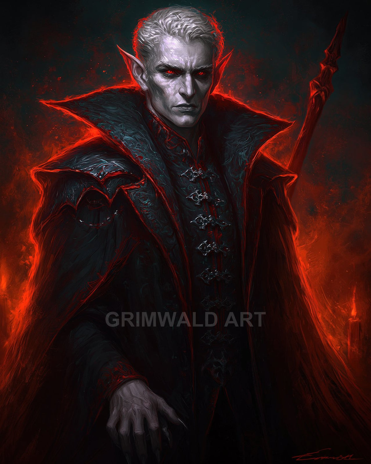 Pale, red-eyed vampire lord in ornate black cloak with high collar, glowing red embers and firelit background, gripping a dark staff.