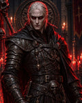 GRID THUMBNAIL — Pale male vampire in ornate black armour with red glowing eyes holds a skull-topped staff before a firelit gothic cathedral of candles.