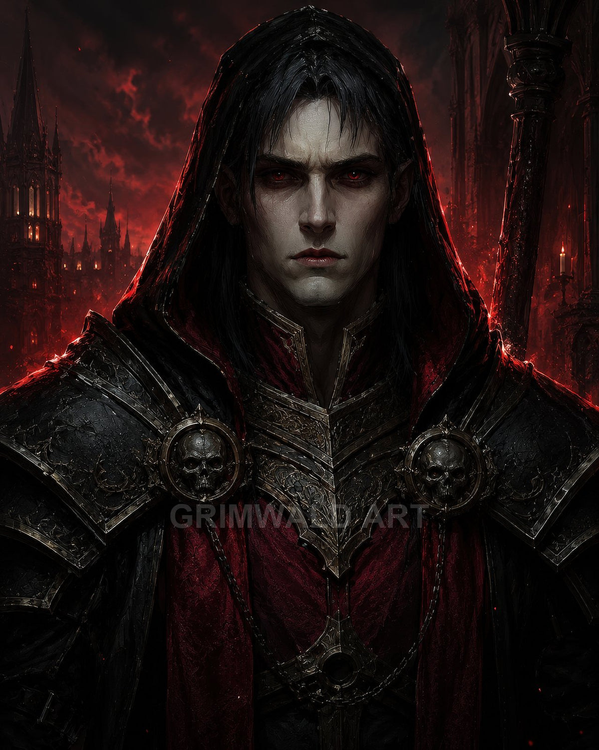 A pale, red-eyed vampire necromancer in ornate black and crimson armour stands before a burning gothic cathedral at night, brooding and powerful.