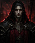 GRID THUMBNAIL — A pale, red-eyed vampire necromancer in ornate black and crimson armour stands before a burning gothic cathedral at night, brooding and powerful.
