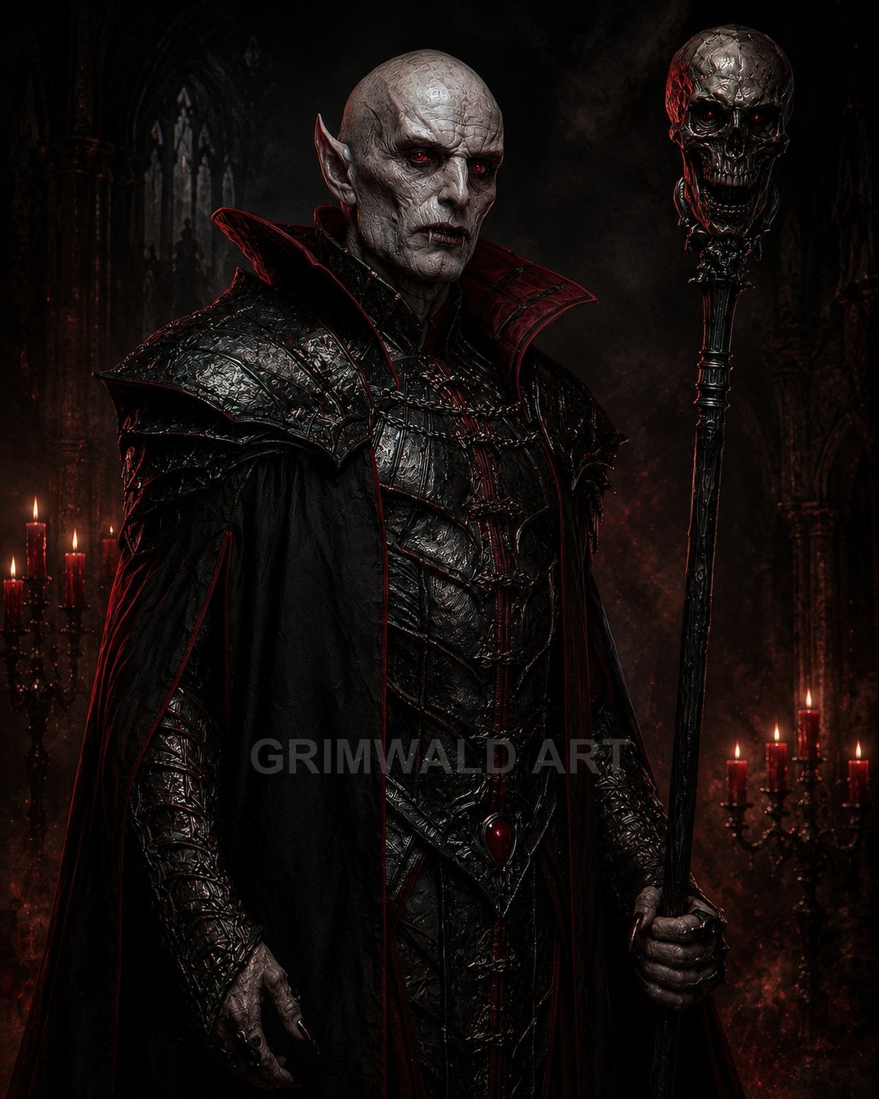 Armoured vampire necromancer with red eyes holds a skull-topped staff in a dark gothic cathedral, lit by red candles and shadowy firelight.