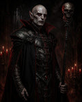 GRID THUMBNAIL — Armoured vampire necromancer with red eyes holds a skull-topped staff in a dark gothic cathedral, lit by red candles and shadowy firelight.