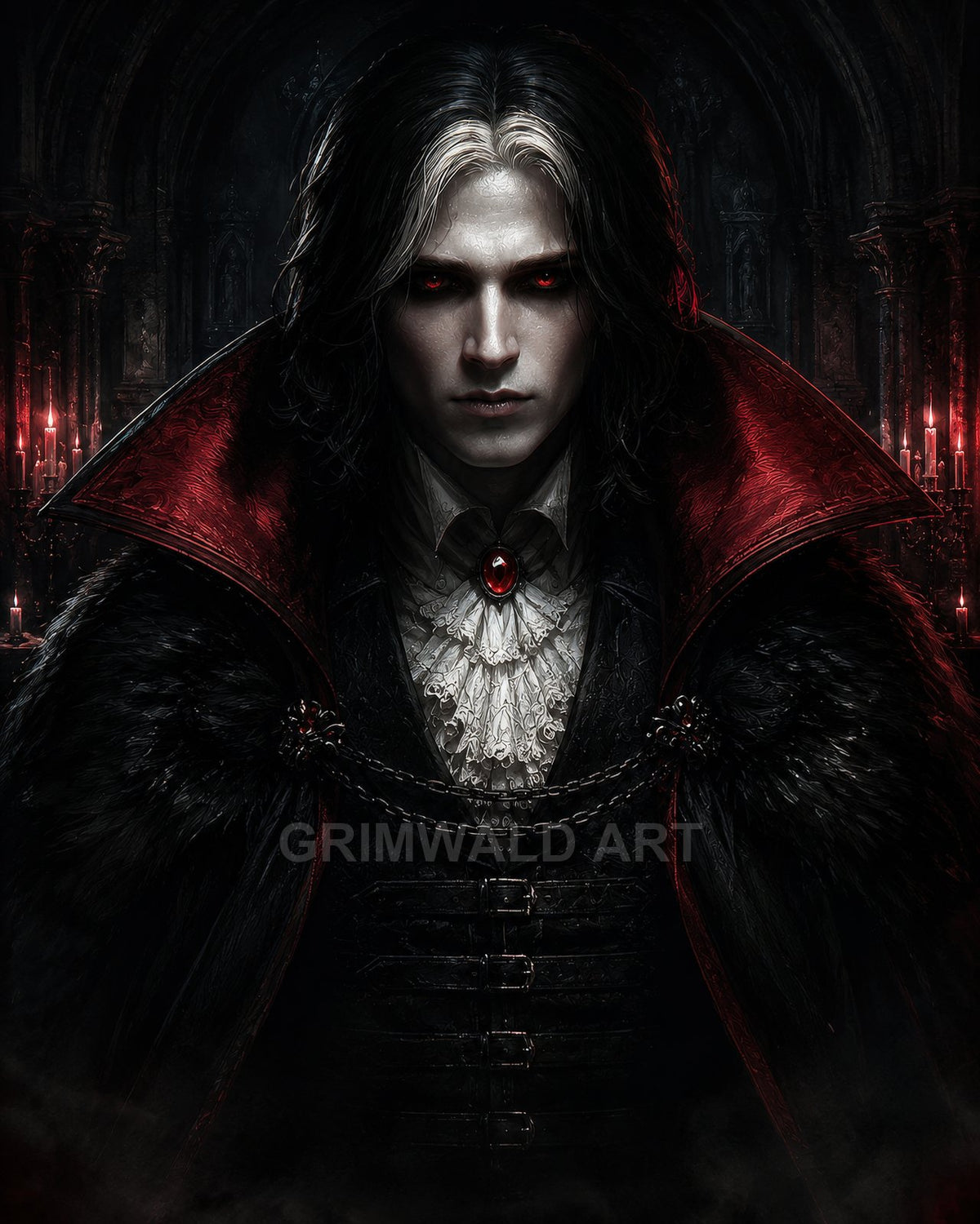 Pale, red-eyed vampire in ornate black and red cloak with ruffled shirt and jewel, standing in candlelit gothic hall, staring menacingly.