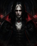 GRID THUMBNAIL — Pale, red-eyed vampire in ornate black and red cloak with ruffled shirt and jewel, standing in candlelit gothic hall, staring menacingly.