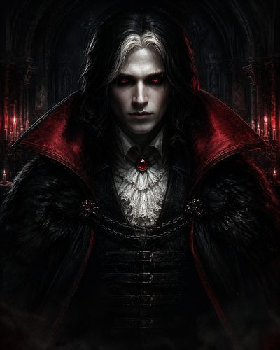 GRID THUMBNAIL — Pale, red-eyed vampire in ornate black and red cloak with ruffled shirt and jewel, standing in candlelit gothic hall, staring menacingly.